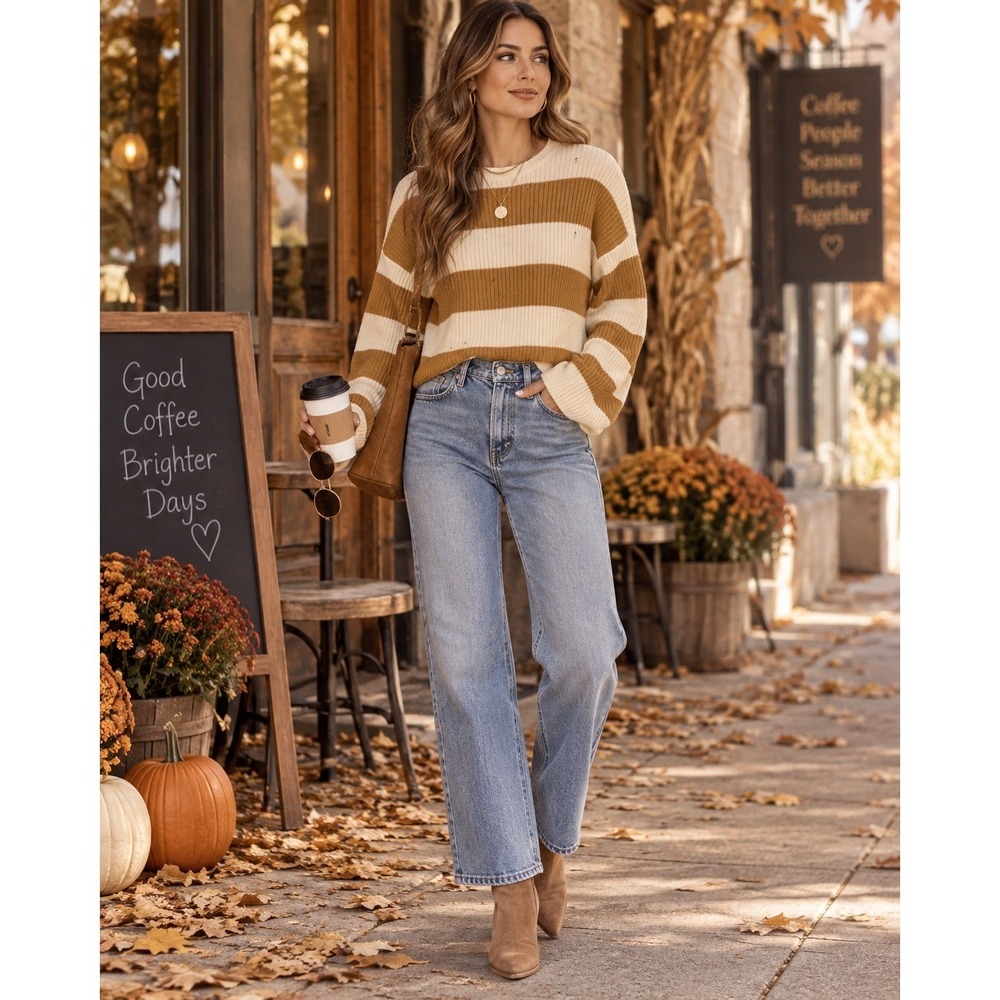 BKE Women Extra Small Tan Cream Striped Ribbed Sweater Quiet Luxury Preppy NWT
